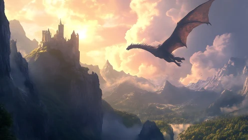 Dragon flying over misty mountains and cliffside castle.