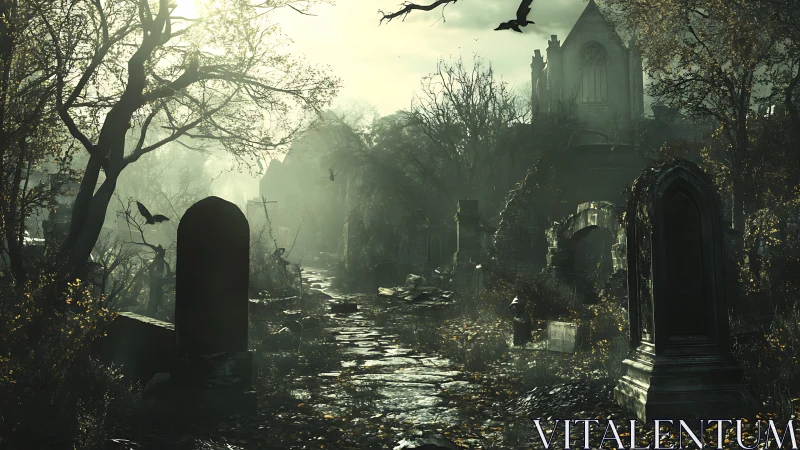 Foggy gothic graveyard path shrouded in eerie green light