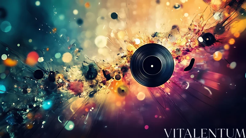 Vinyl record explodes into chromatic bokeh and dynamic light