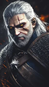 White-haired armored swordsman with glowing eyes portrait.