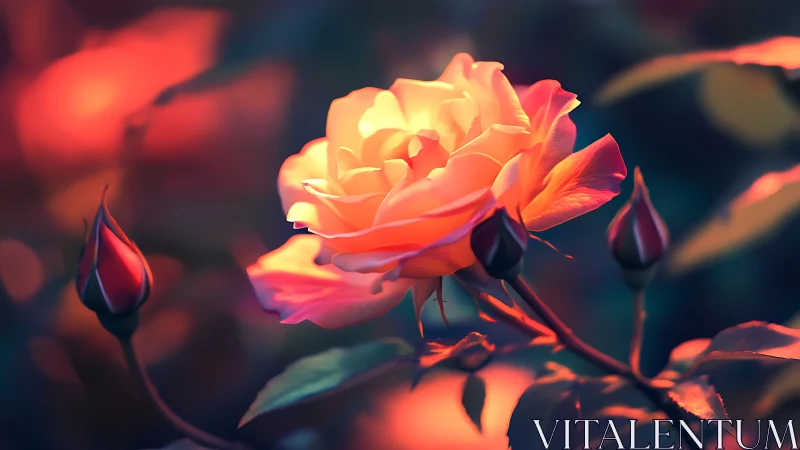Radiant rose glowing with warm sunset hues and delicate petals
