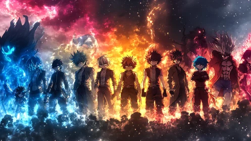 Elemental anime squad in bifurcated nebula-lit formation.
