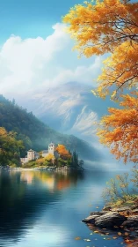 Mountain lake landscape shows autumn foliage and distant village