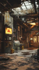 Rusty industrial workshop glows with quiet post-apocalyptic light