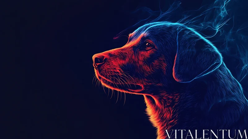 Neon side-profile dog portrait in glowing dual tones.
