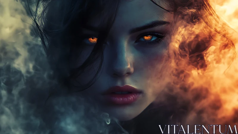 Fiery-eyed woman emerges from swirling smoke and shadow