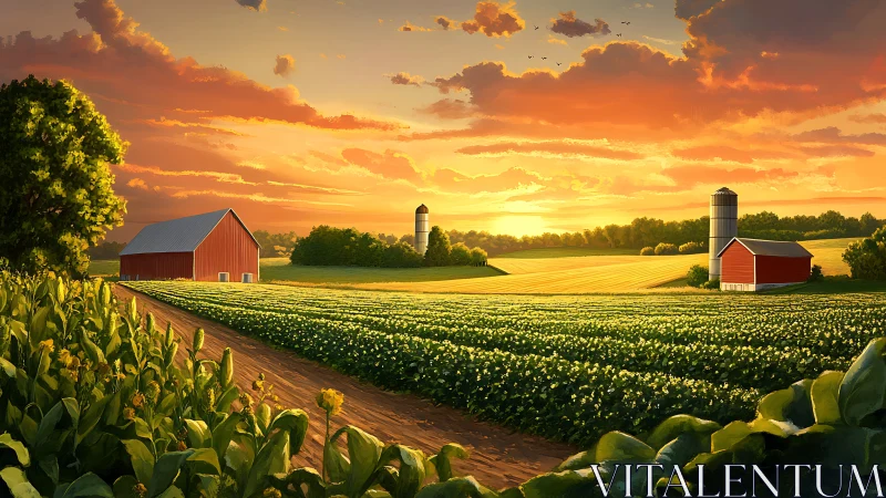Sunset over green farmland with two red barns and silos.