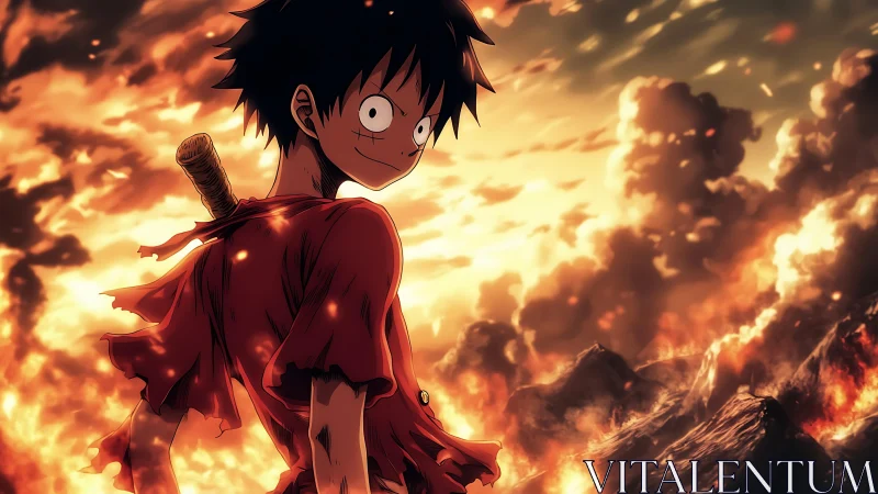 Fiery anime hero stands defiant over blazing wasteland