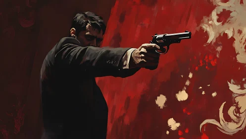 Hitman extends pistol toward target against red abstract field.