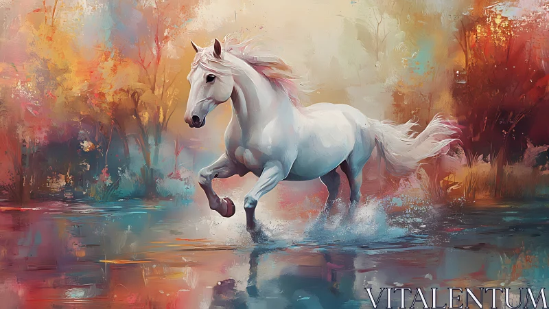 Dynamic white stallion in impressionistic river landscape painting.