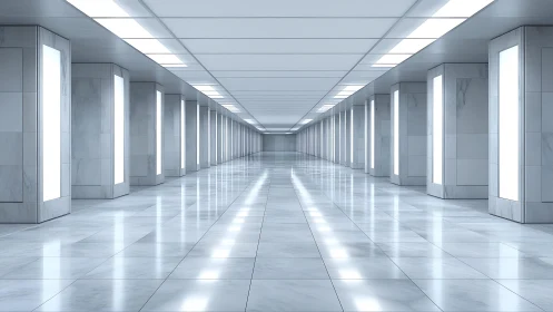 Endless marble corridor hums with clinical futuristic calm