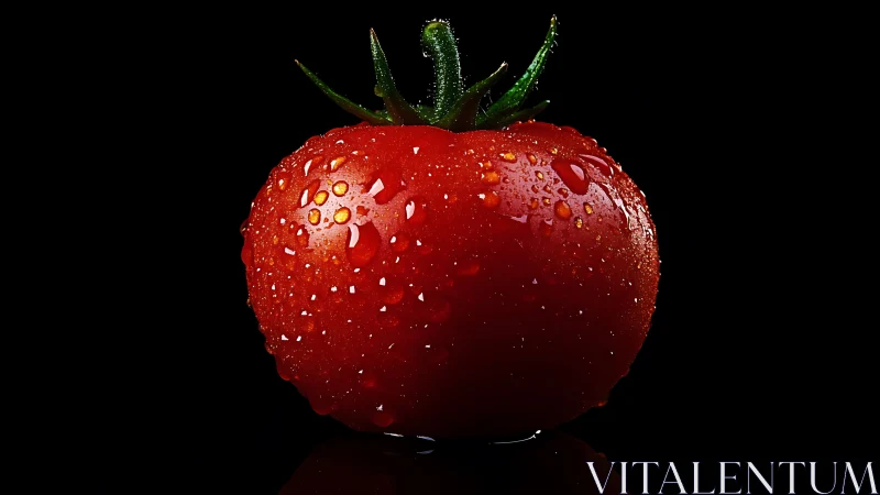 Single wet tomato rests on reflective surface against black