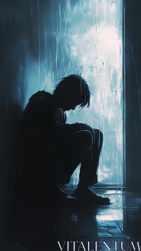 Backlit silhouette of seated figure in melancholic blue haze