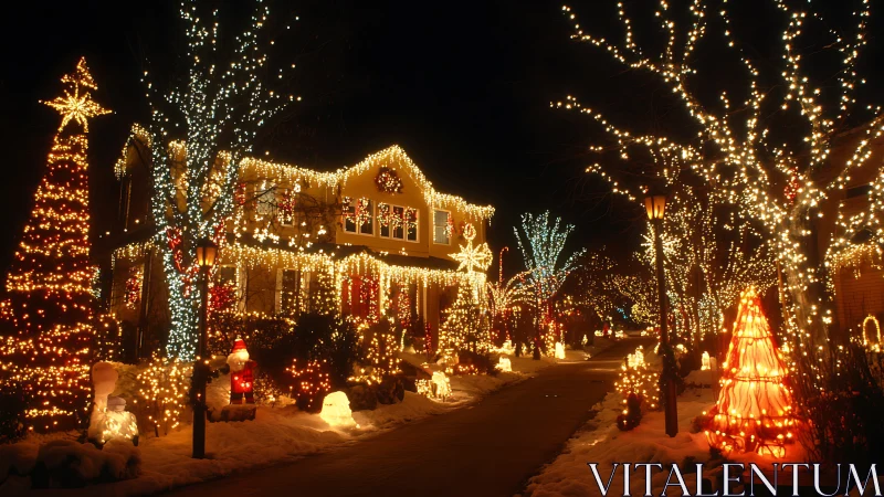 Suburban winter home glows under a jubilant galaxy of lights.