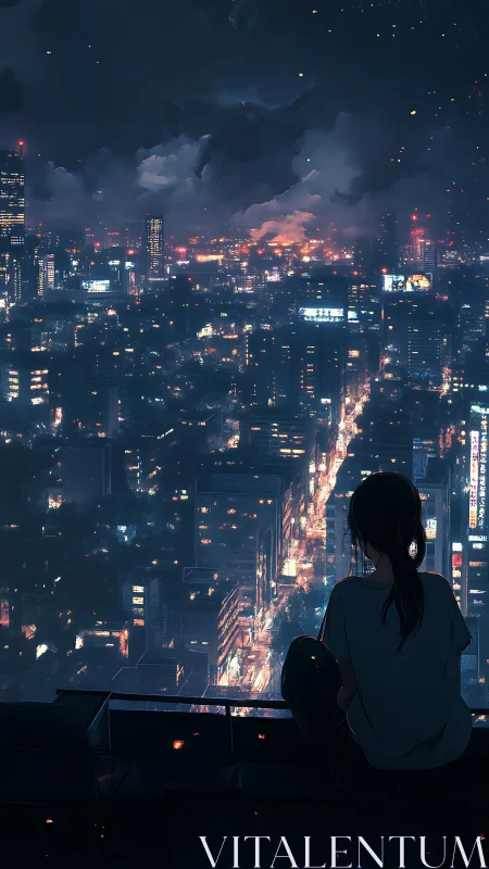Rooftop dreamer watching neon rivers carve through night city.