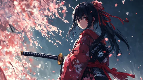Kimono-clad anime swordswoman amid dynamic sakura dispersion.