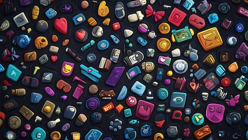 Playful icon mosaic over deep navy backdrop in neon hues.