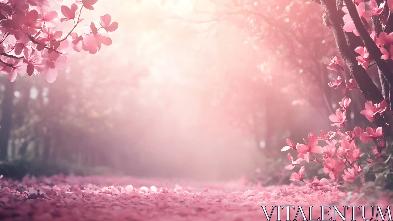 Pink blossom forest path under soft morning light.