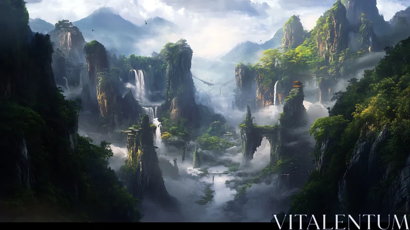 Mist-draped sky pillars cradle a hidden waterfall kingdom