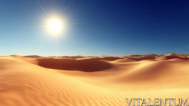 Sunlit desert dunes roll beneath a vast sapphire sky.