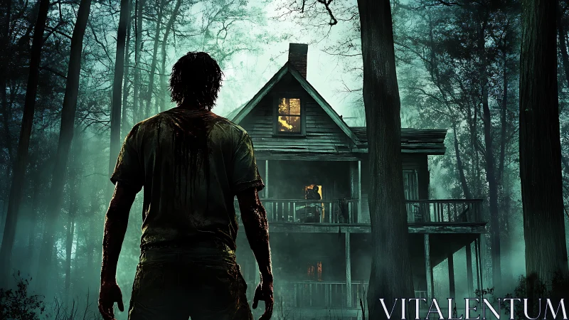 Bloodied figure facing eerie cabin in dense forest at dusk.
