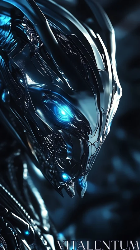 Cybernetic alien sentinel glows with piercing neon gaze.