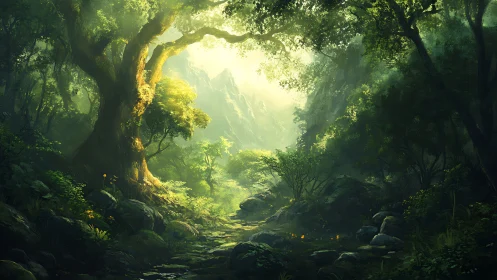 Forest corridor with ancient trees and distant mountains