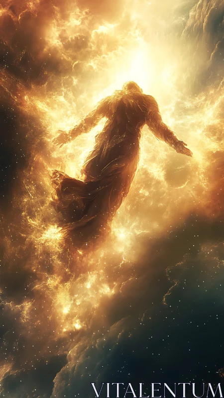 Radiant cosmic figure rising through golden starlit clouds.