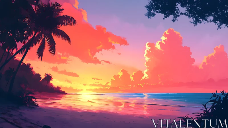 Vibrant tropical shoreline rendered in luminous sunset hues