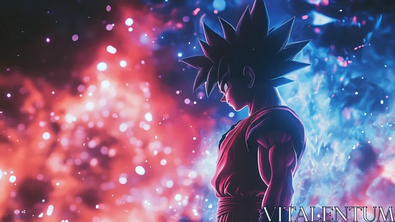 Spiky-haired anime fighter amid red and blue energy field.