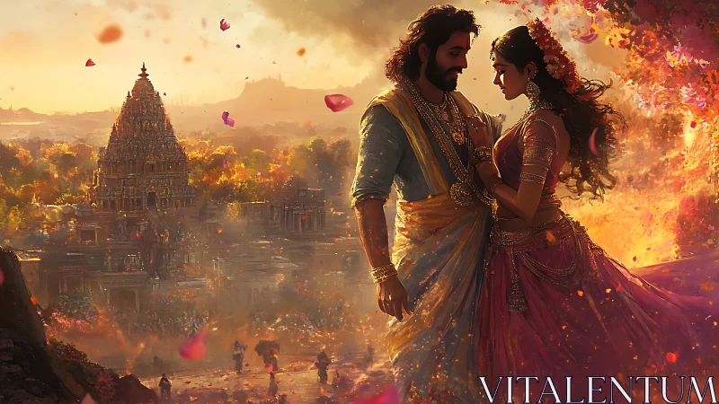 Sunlit temple romance amid drifting rose petals at dusk.