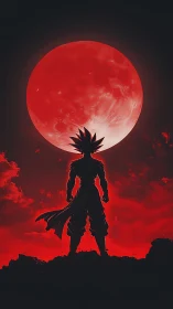 Saiyan silhouette dominates blood-red lunar horizon.