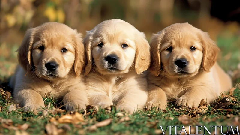 Three golden retriever puppies lying on autumn grass.