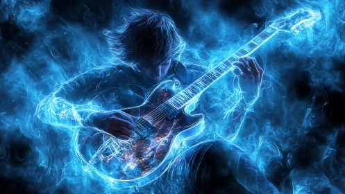 Electric guitarist emerges from luminous blue energy storm.