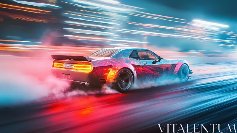 Neon muscle car drifts through a futuristic night cityscape.