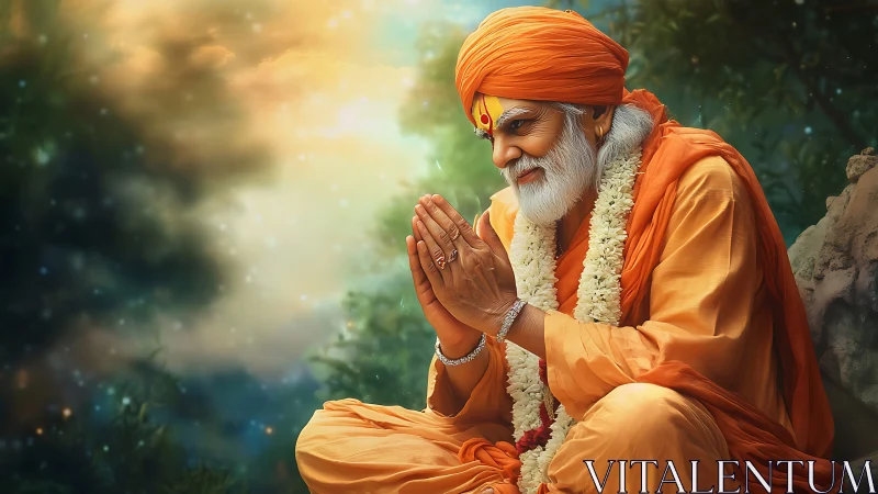 Serene orange-clad guru greeting dawn in celestial hush.