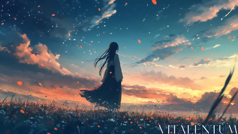 Girl stands in windy field under glowing sunset sky.