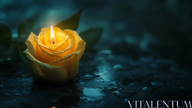 Yellow rose candle emits controlled light on wet surface