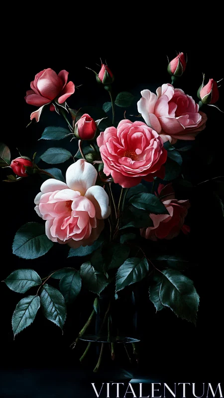 Romantic Garden Roses Arrangement Against Black.