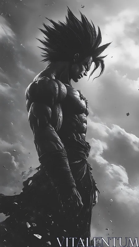 Monochrome muscular warrior in dynamic side profile under stormy sky