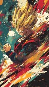 Dynamic anime warrior amid abstract energy brushstroke field.