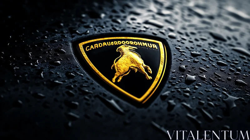 Golden bull car emblem on wet dark vehicle surface.