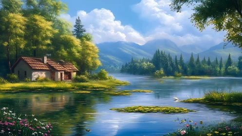 Riverside cottage stands beside reflective water under hills