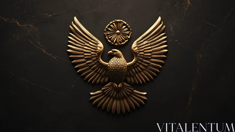Golden heraldic eagle emblem on dark marble background.