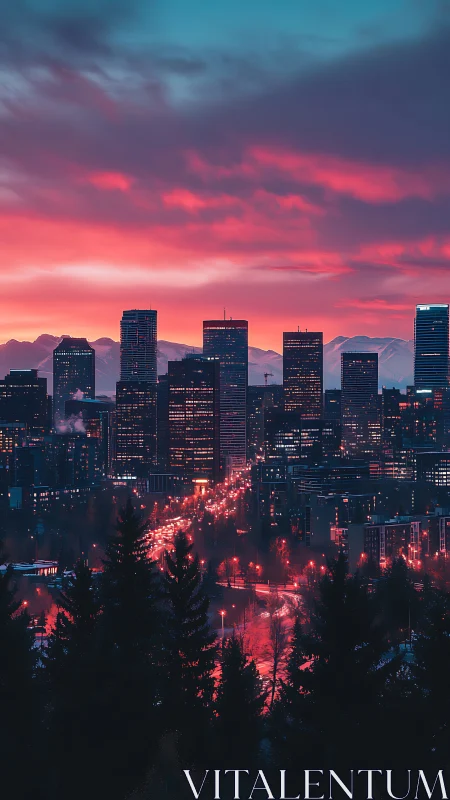 City skyline stands against vivid sunset over distant mountains