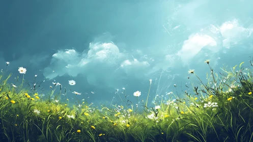 Wildflower hillside dreaming beneath brushstroke sky.