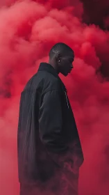 Silhouetted walker drifting through a storm of crimson haze.