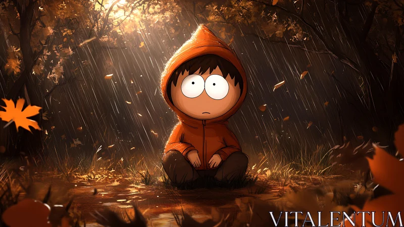 Cinematic digital painting of child in autumn rain forest.