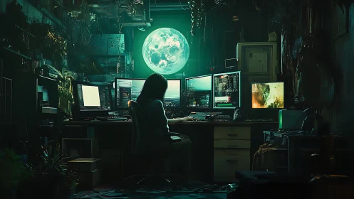 Person at multi-monitor workstation in dim tech room.