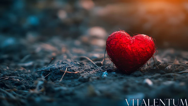 Red heart resting on weathered soil with dramatic cinematic lighting.